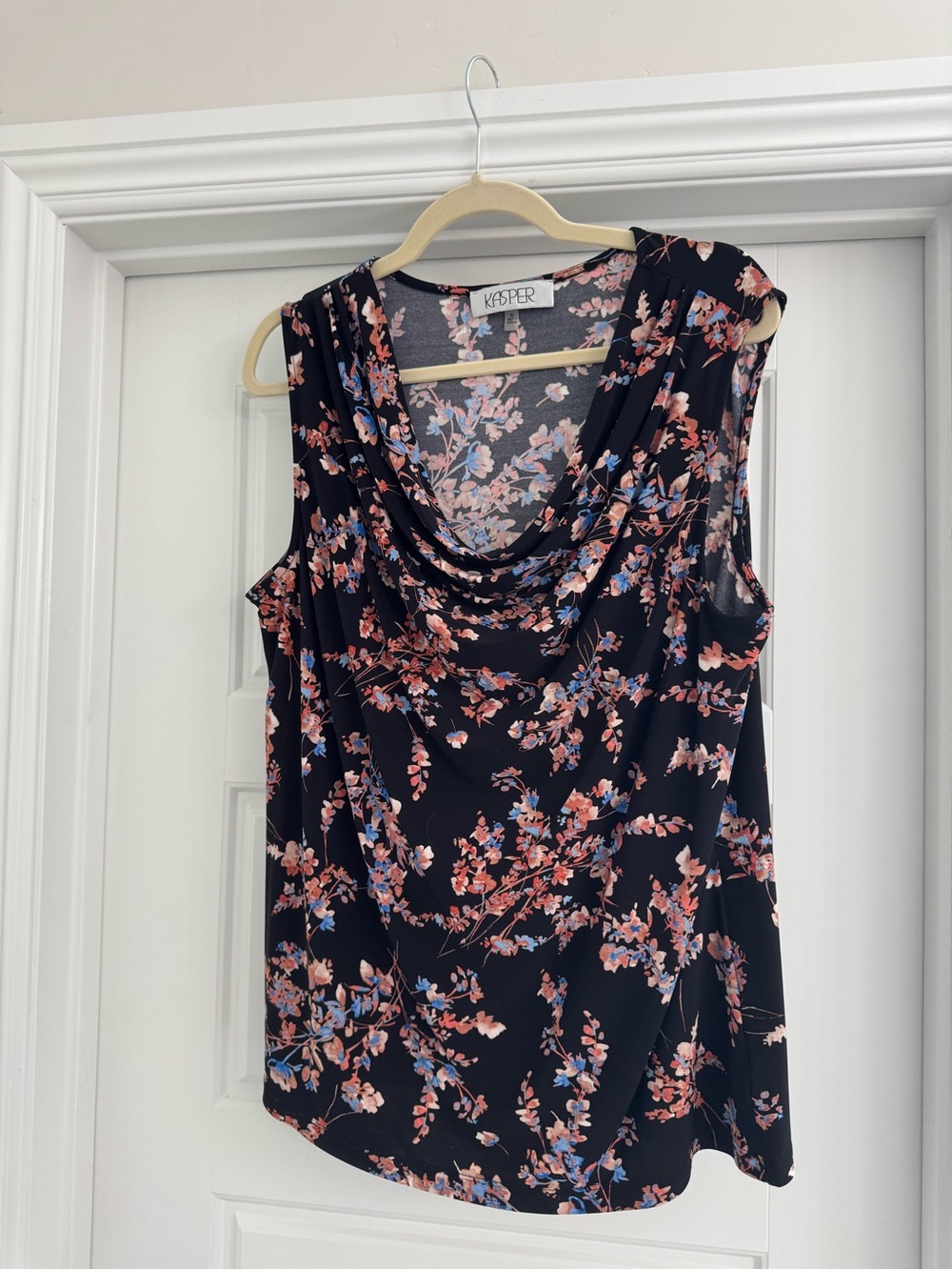 Kasper Navy Floral Draped Cowl Neck Sleeveless Top